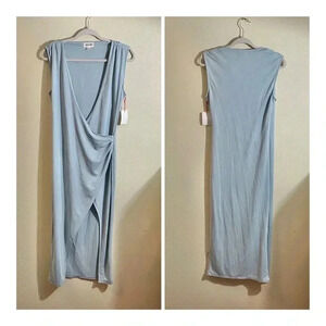 Open Edit Dress Size XS Faux Wrap Midi Slit Ruched Bodycon Sea Green Deep V NEW